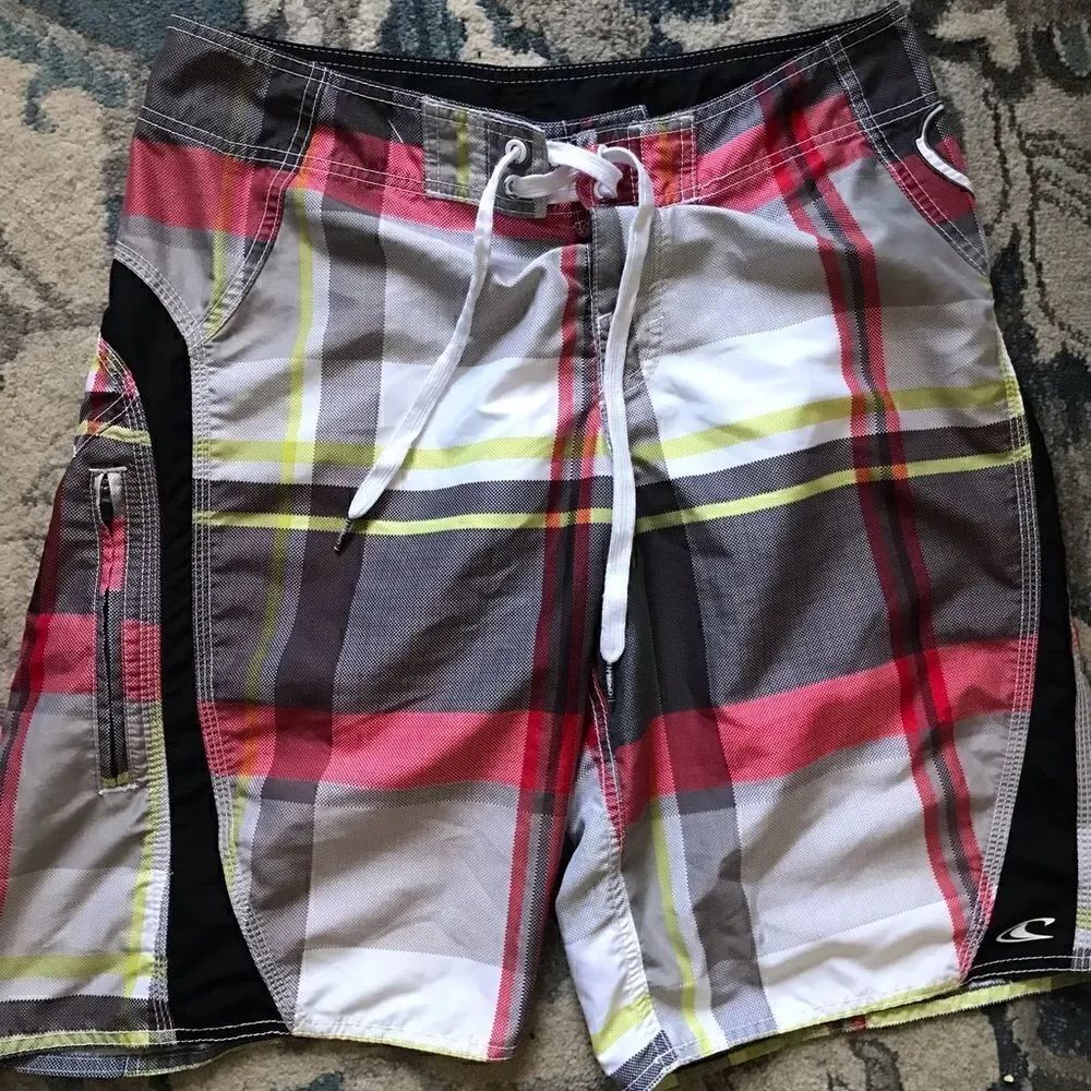 O’Neill Mens Board Shorts Swim Trunks Surf Size 31 Plaid Zip Pockets